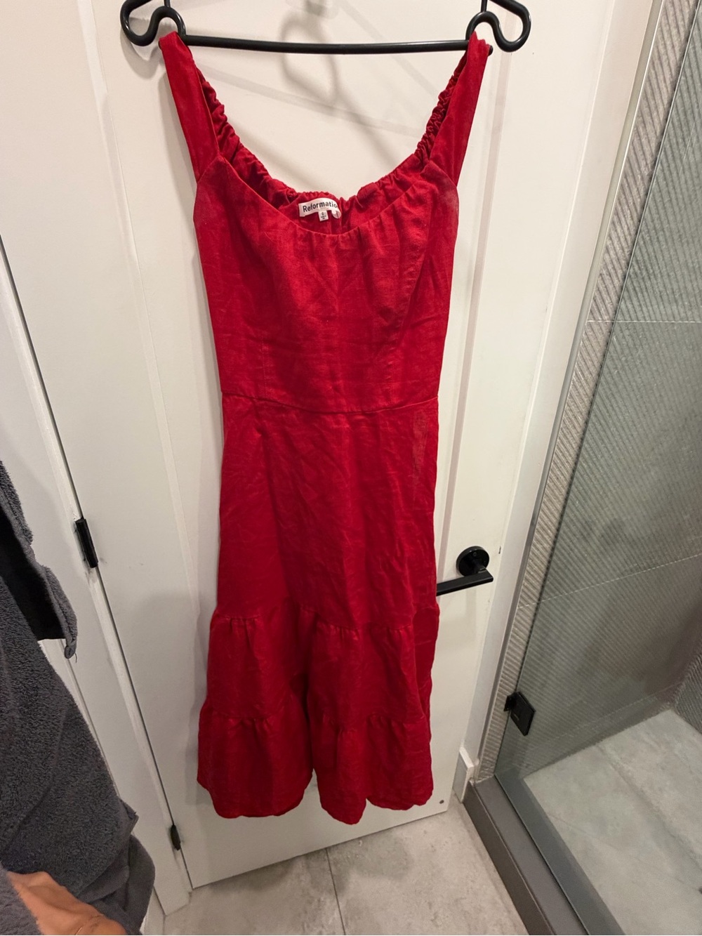 Reformation Red Sleeveless Tiered Midi Dress